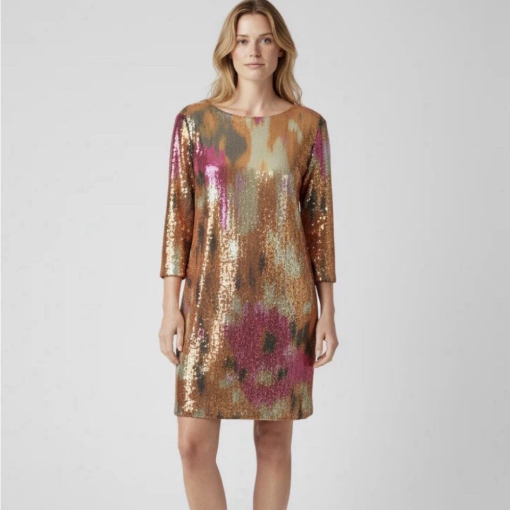 Sequin Shift Dress in Metallic Copper with Pink Accents Size 6